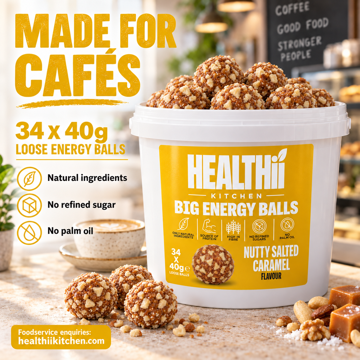 NUTTY SALTED CARAMEL BIG PROTEIN ENERGY BALLS WHOLESALE CAFE FOODSERVICE (34 x 40g) LOOSE BALLS