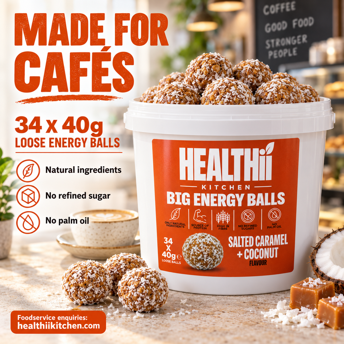 SALTED CARAMEL COCONUT BIG PROTEIN ENERGY BALLS WHOLESALE CAFE FOODSERVICE (34 x 40g) LOOSE BALLS