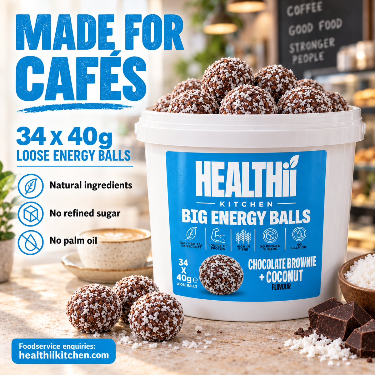 CHOCOLATE BROWNIE COCONUT BIG PROTEIN ENERGY BALLS WHOLESALE CAFE FOODSERVICE (34 x 40g) LOOSE BALLS (Copy)