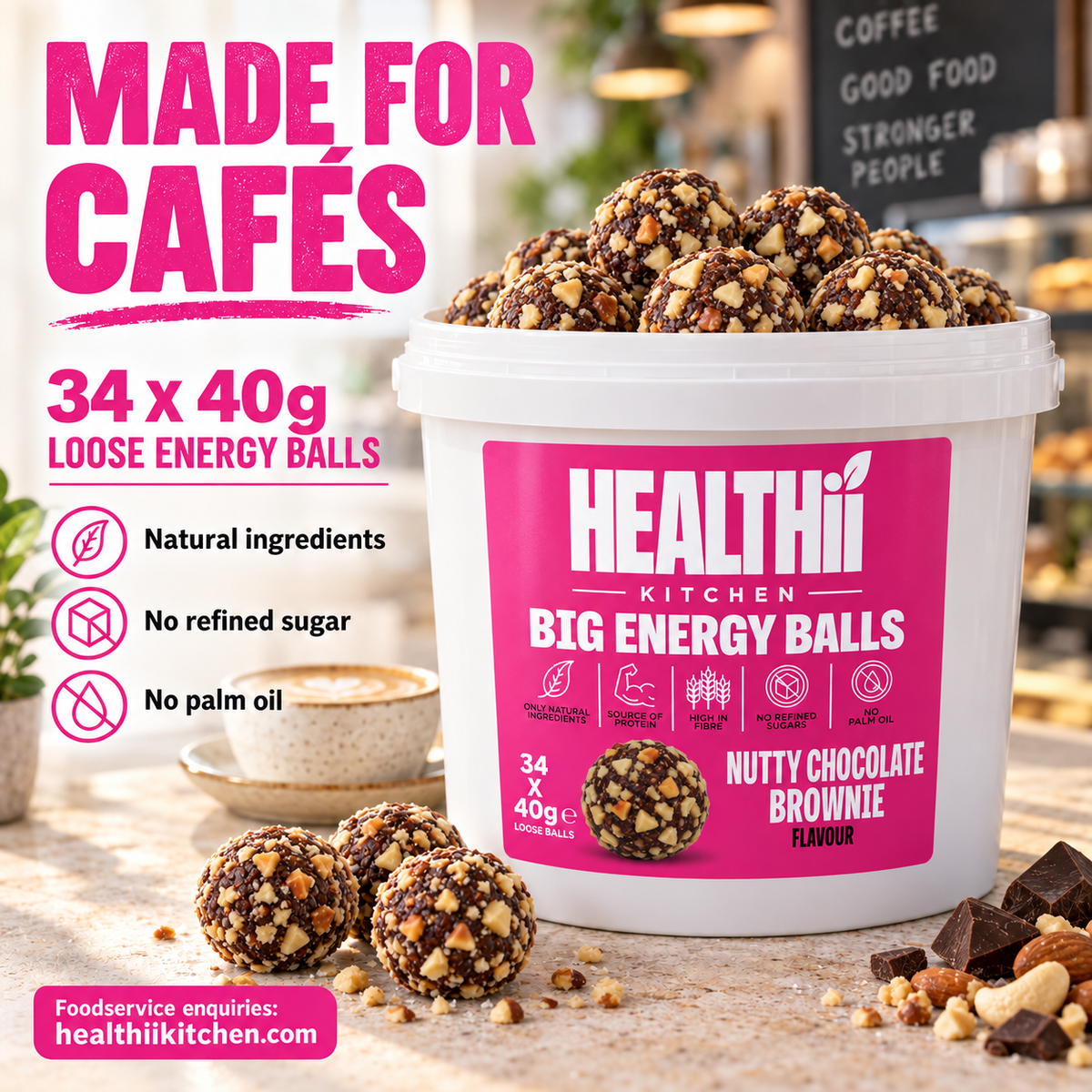 NUTTY CHOCOLATE BROWNIE BIG PROTEIN ENERGY BALLS WHOLESALE CAFE FOODSERVICE (34 x 40g) LOOSE BALLS